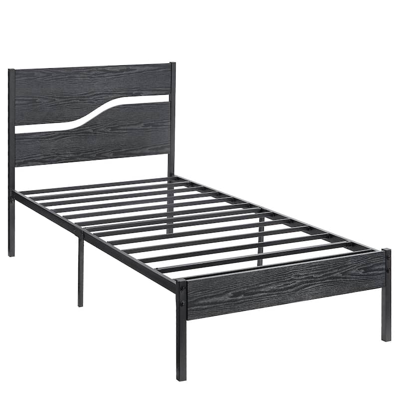 VECELO 2 Pack Twin Size Kids Bed Industrial Platform Bed Frame with MDF Curved Cutout Headboard Twin Size Bed Set of 2