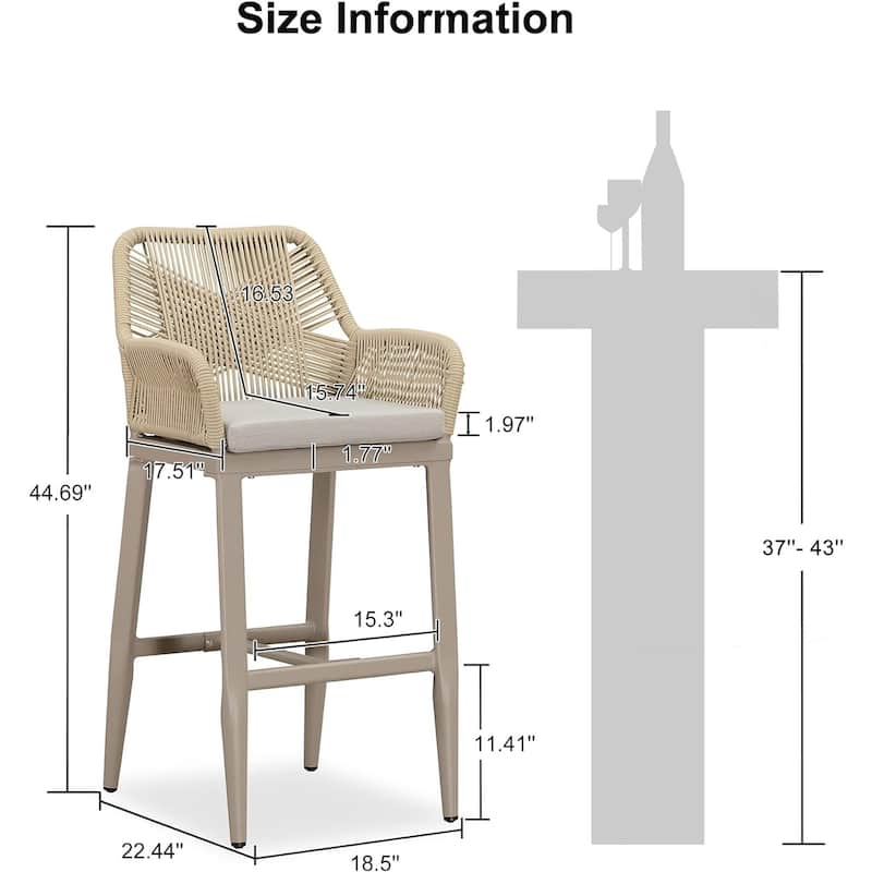 PURPLE LEAF Outdoor Bar Stools Chair Set of 2, All Weather Rattan and Aluminum Patio Bar Stool with Cushion