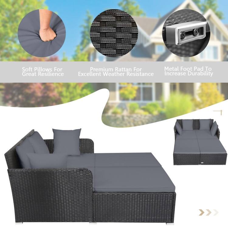 Outdoor Rattan Daybed with Cushions for Patio Garden Lounge Seating