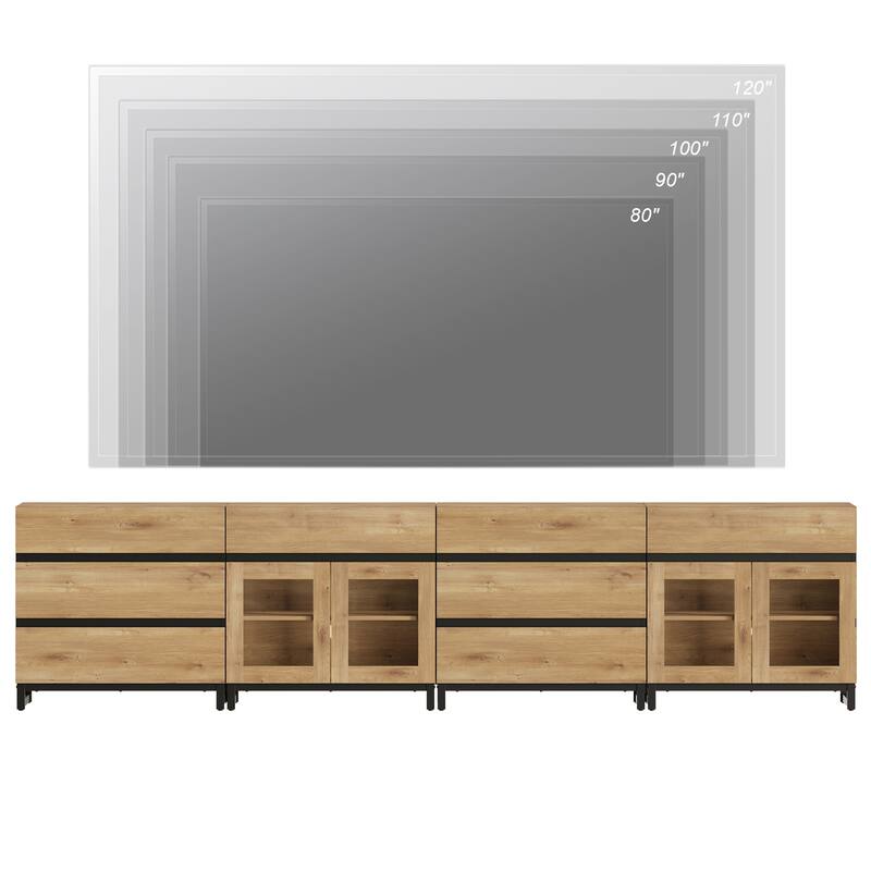 Modern 4 in 1 TV Stand for 120" TVs, Console with Glass Doors & 8 Drawers, Entertainment Center