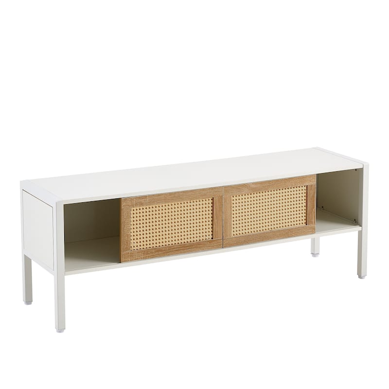 54.33"Rattan TV cabinet with variable color light strip,double sliding doors for storage,adjustable shelf,metal legs,TV console