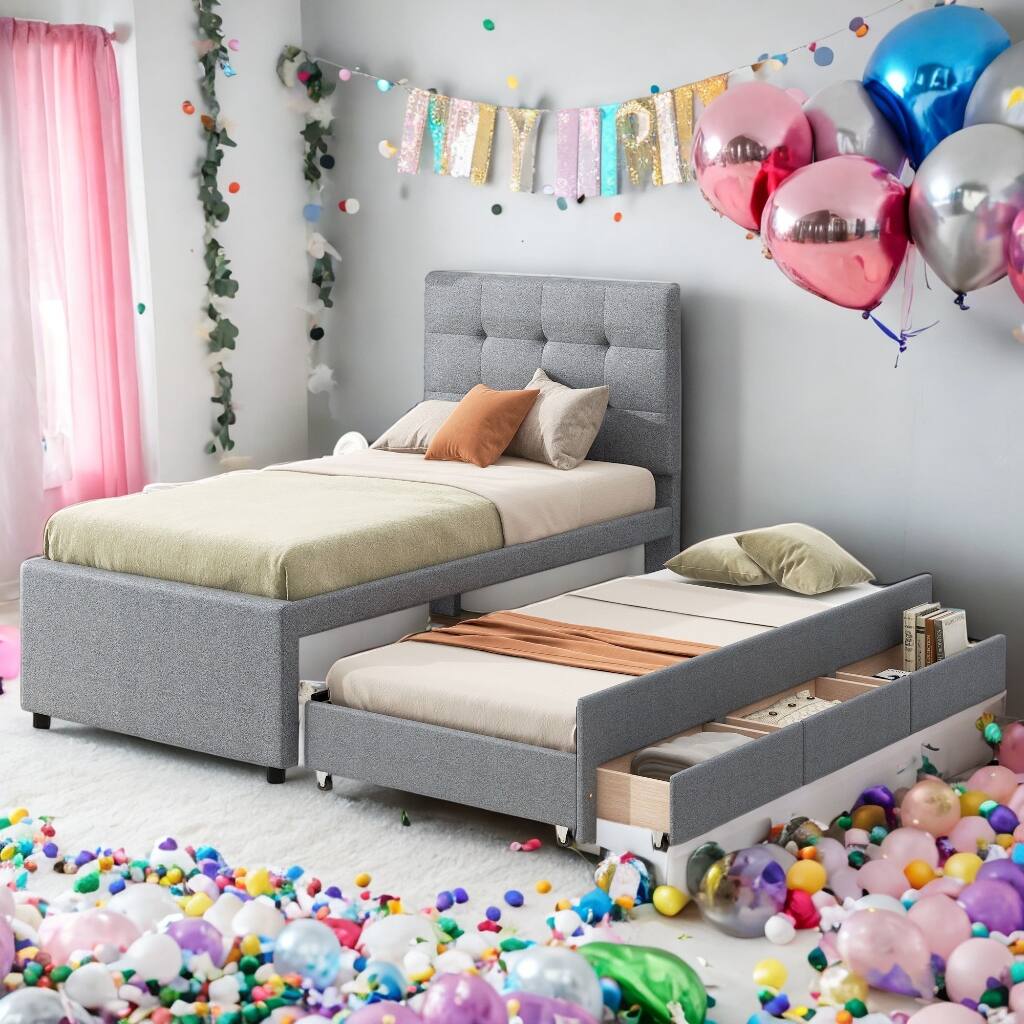 Stylish Design Twin Size Bed with Pull-out Twin Size Trundle