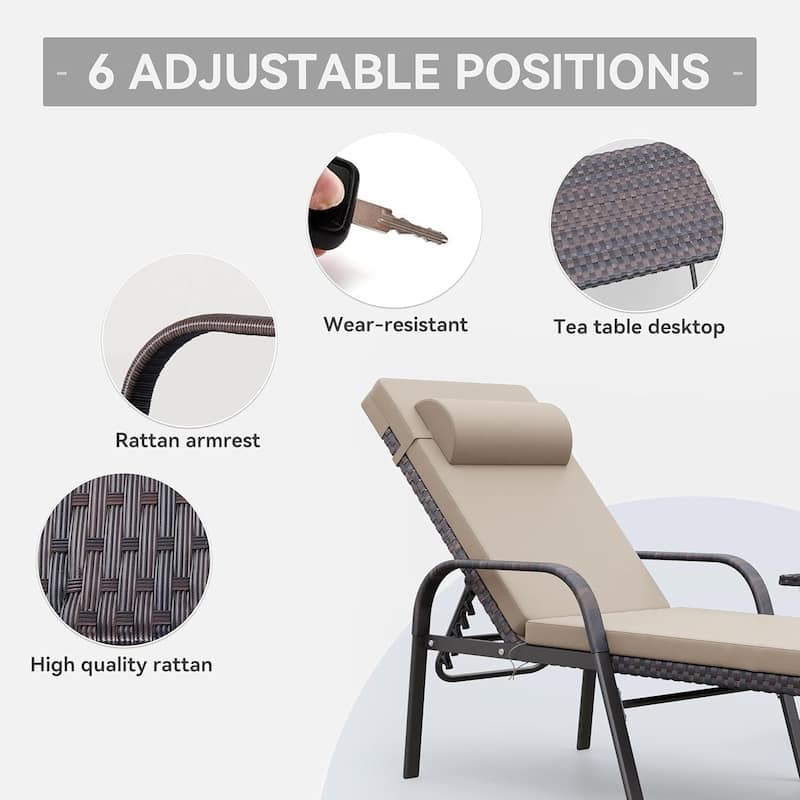 3-Piece Outdoor Wicker Chaise Lounge with Armrests and Cushions