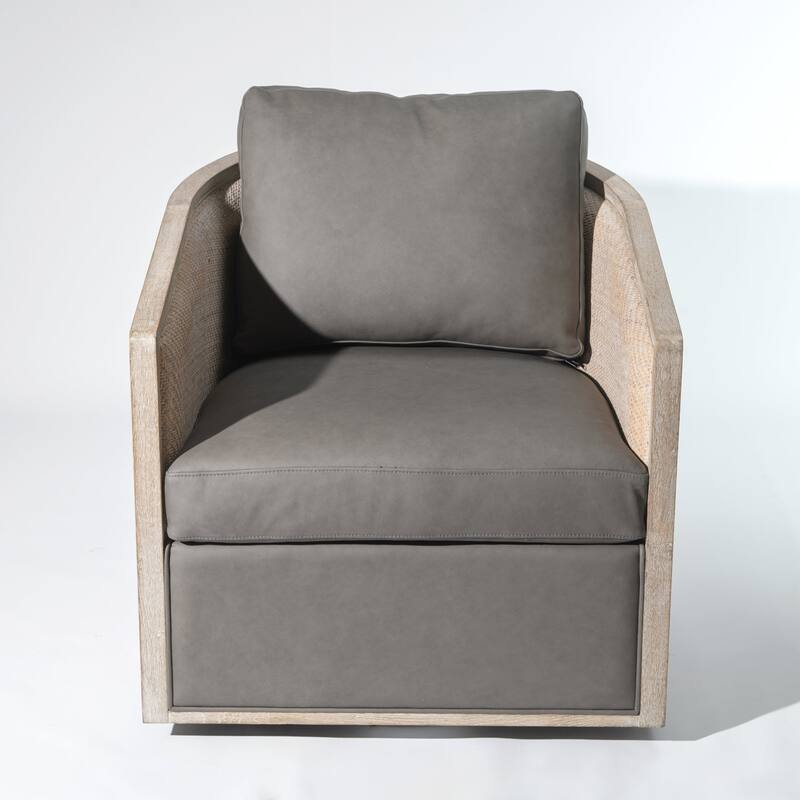 KINWELL 31"W Oak Frame Upholstered Swivel Barrel Armchair