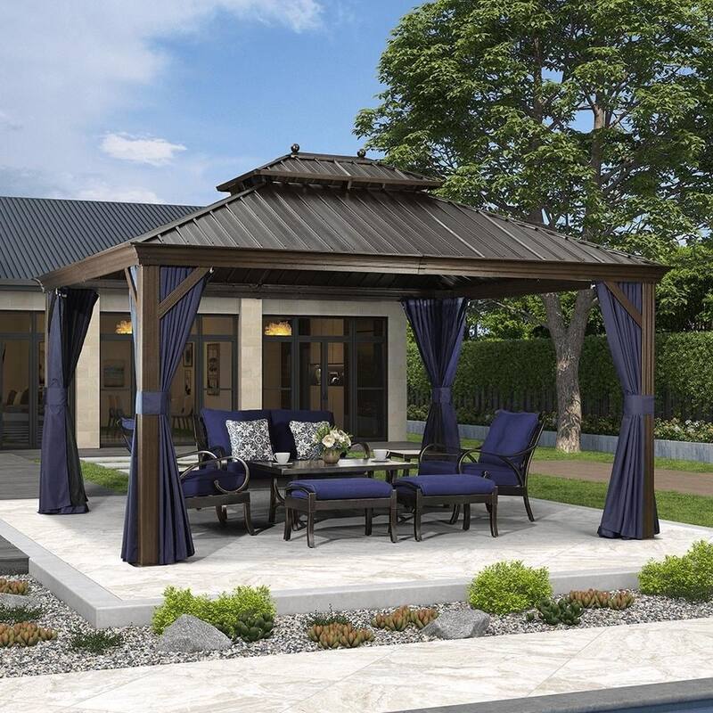 PURPLE LEAF Hardtop Aluminum Gazebo with Curtains and Netting, Double Roof Patio Gazebo - 12 ft x 14 ft