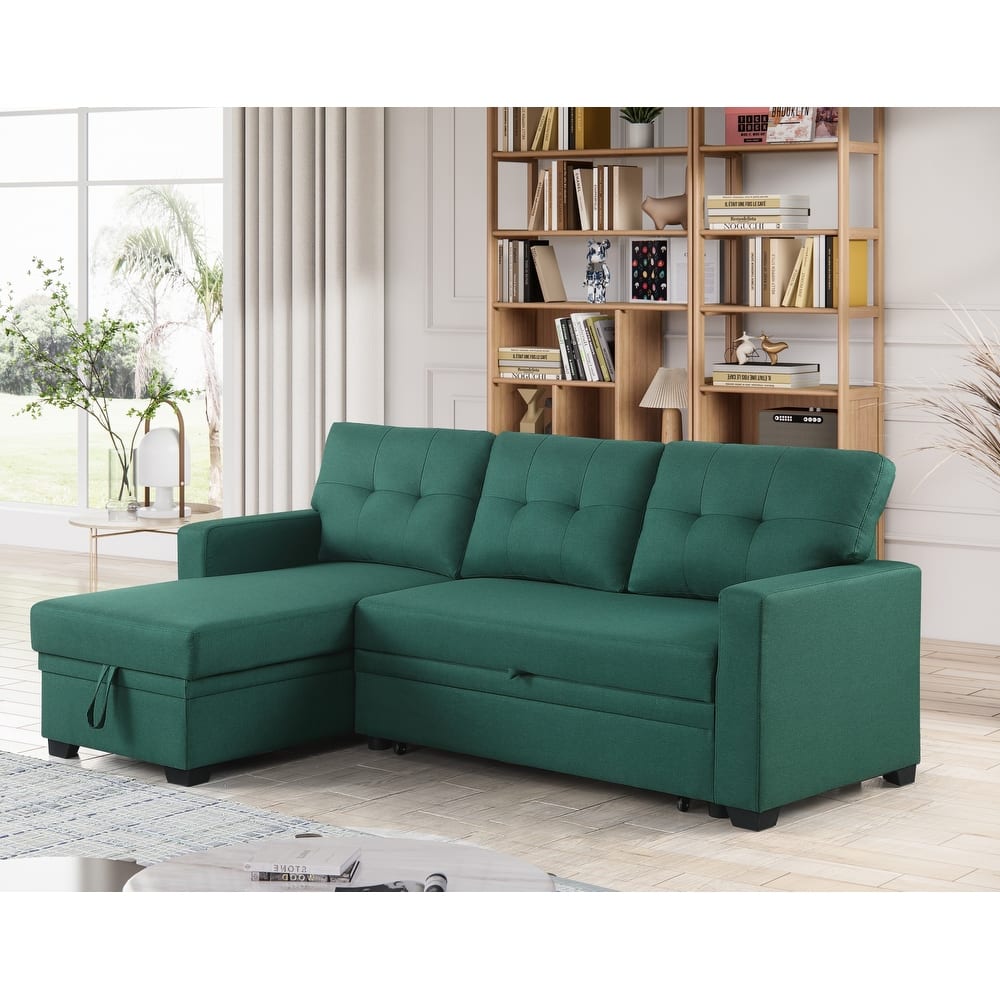 Pull-out Upholstered Sectional Sofa with Storage Chaise & Removable Cushions