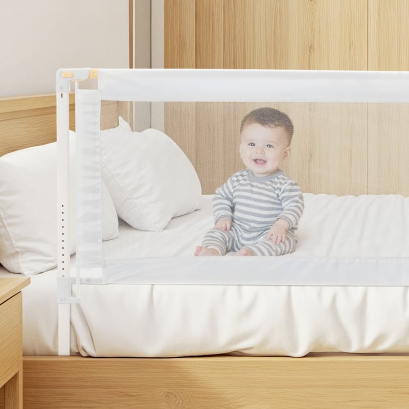 White Steel Oxford Fabric Kids Bed Rail with Lift and Washable Mesh