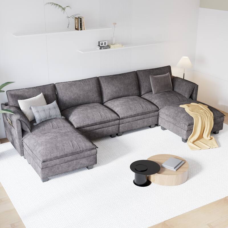 U-Shaped Sectional Sofa with Movable Ottoman, Oversized Fabric Upholstered 6 Seater Sofa, Deep Seat Sofa with Side Pockets