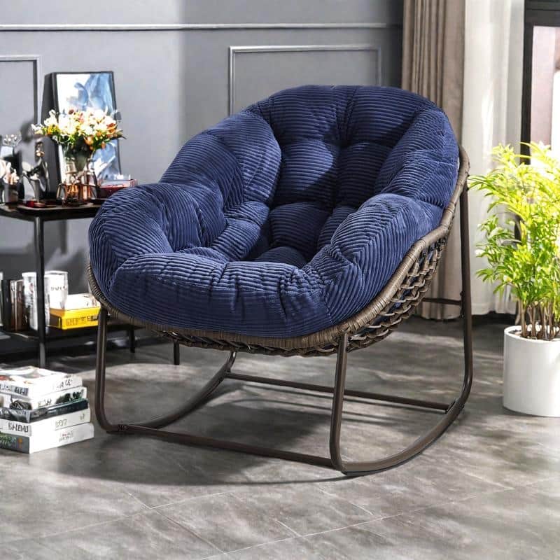 Rattan Rocking Chair with Padded Cushion and Steel Frame Recliner, 250lb Capacity