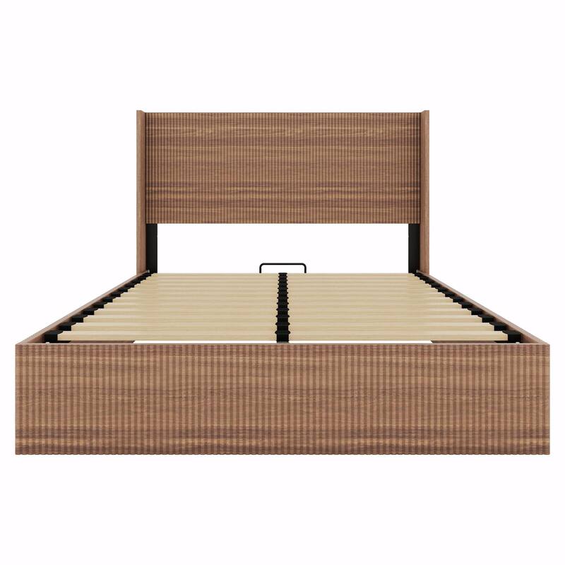Large Grooved Undulating Lift Storage Bed Frame - Wooden Platform Bed with Lift-Top Storage