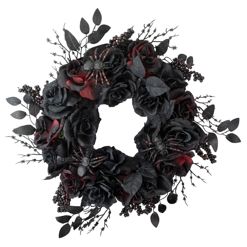 Roses and Foliage Halloween Spider Wreath - 24" - Burgundy and Black - Unlit