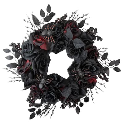 Burgundy and Black Roses with Spiders Halloween Wreath 24-Inch Unlit