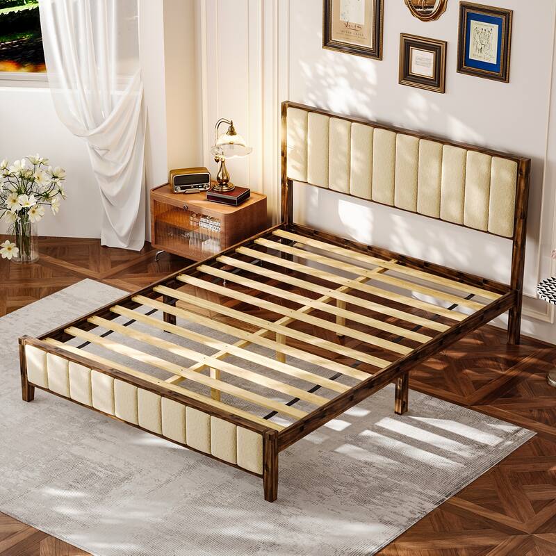 Solid Rubber Wood Platform Bed Frame with Upholstered Headboard - Queen Size Modern Bed