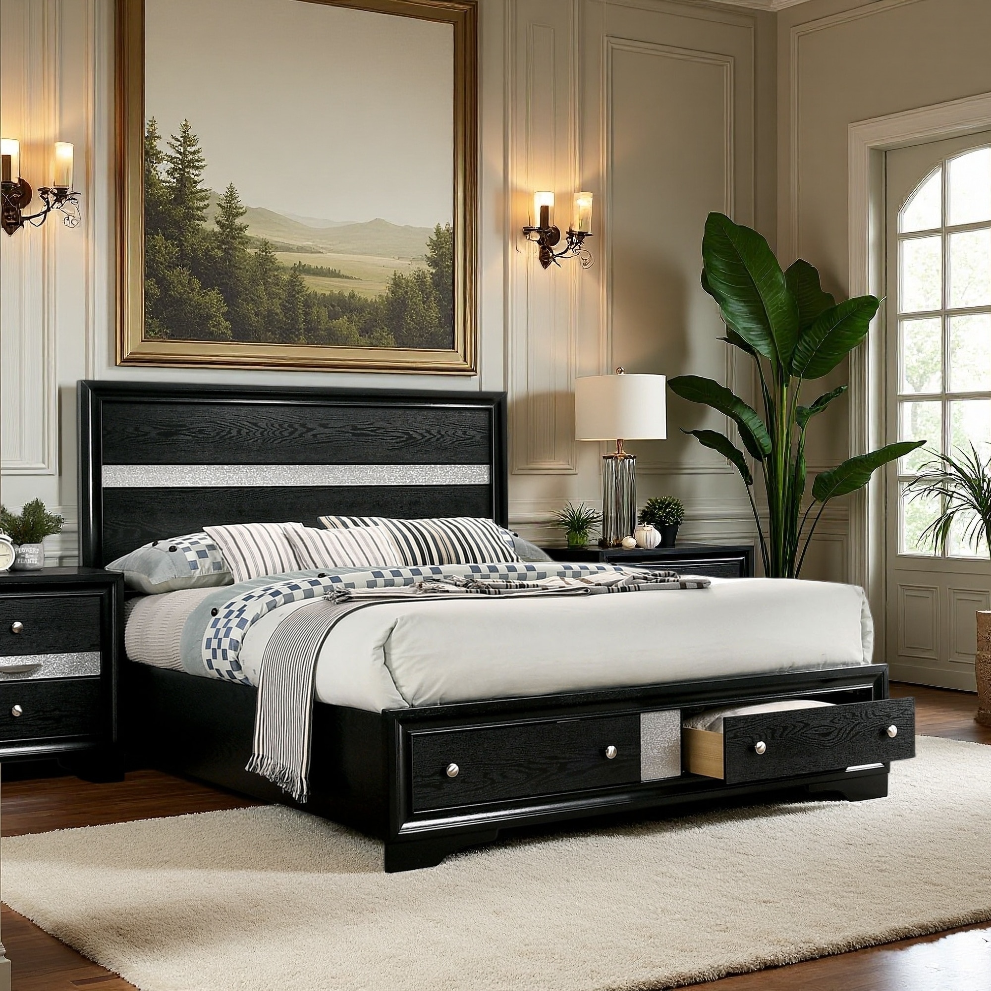 Queen Size Solid Wood Bed with Contemporary Style and Storage Footboard