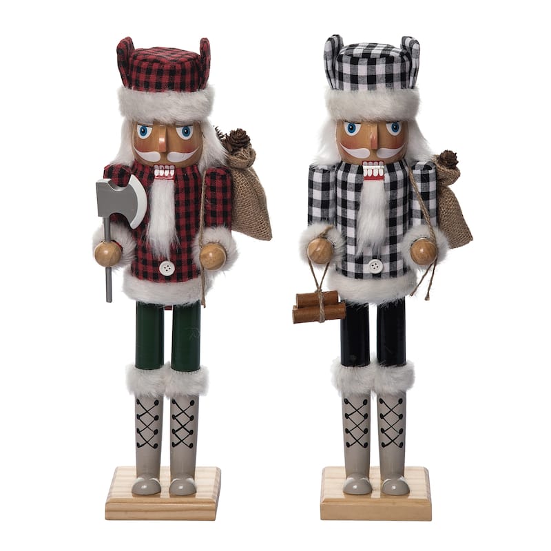 Transpac Christmas Large Wood Buffalo Check Nutcracker Set of 2 Christmas Home Decorations