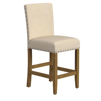 Siem Counter Stool Chair, Brown Beige Polyester Seat, Nailhead Trim