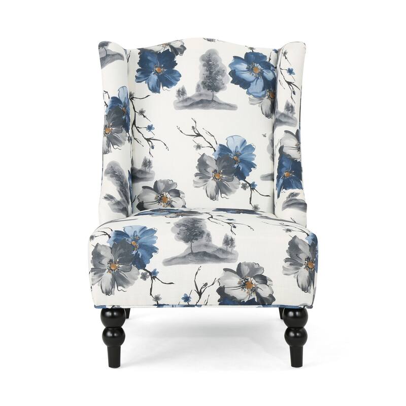 Beige +Blue Flower Modern 28" High-Back Upholstered Club Chair with Birch Wood Legs for Living Room