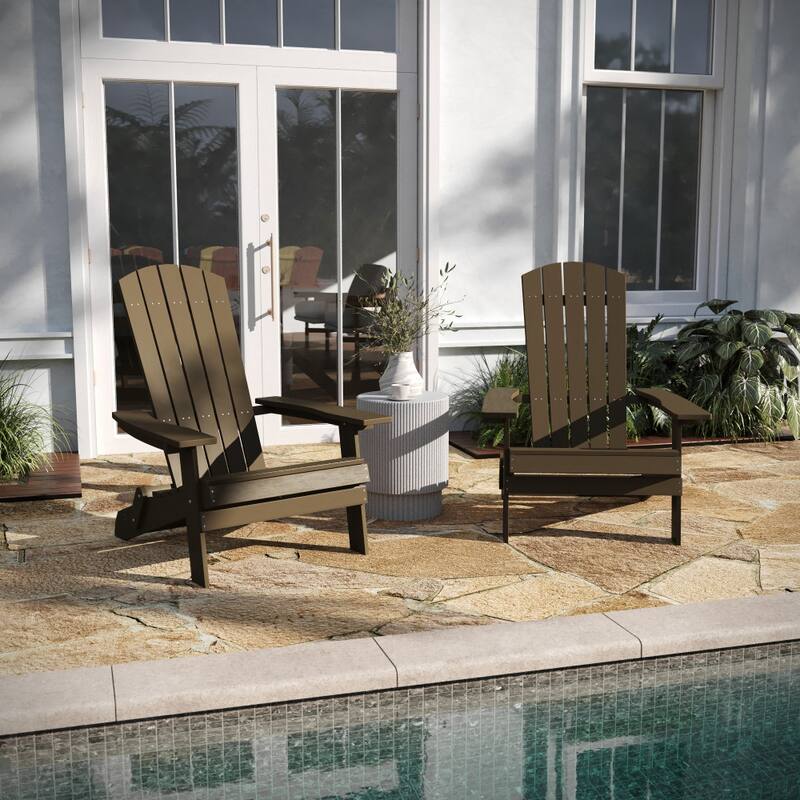 Set of 2 All-Weather Modern Wide Slat Back Poly Resin Adirondack Chairs - Mahogany