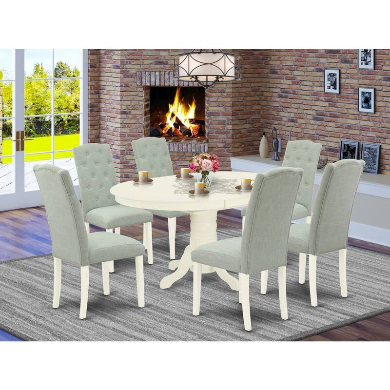 7Pc Dinette Set - Oval Kitchen Table & 6 Parsons Chairs - Linen White & Baby Blue - 60