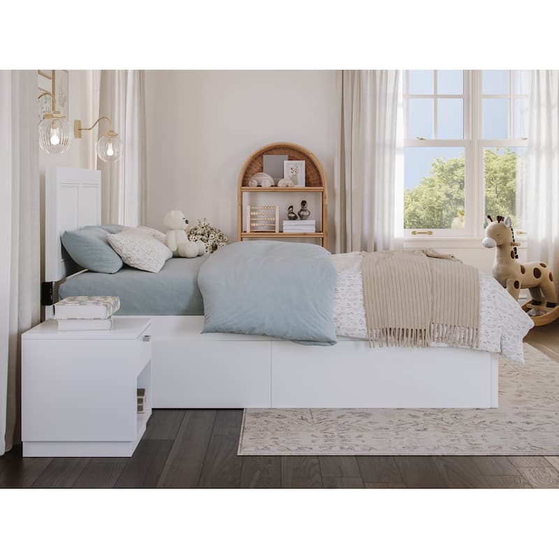 Twin Platform Bed with Storage & Footboard - Modern Bedroom Furniture Set - White Finish