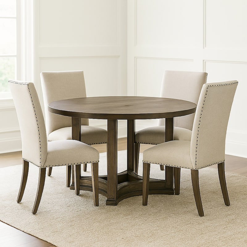 Stacy 47 Inch Dining Table, Round Tabletop, Rubberwood, Weathered Oak