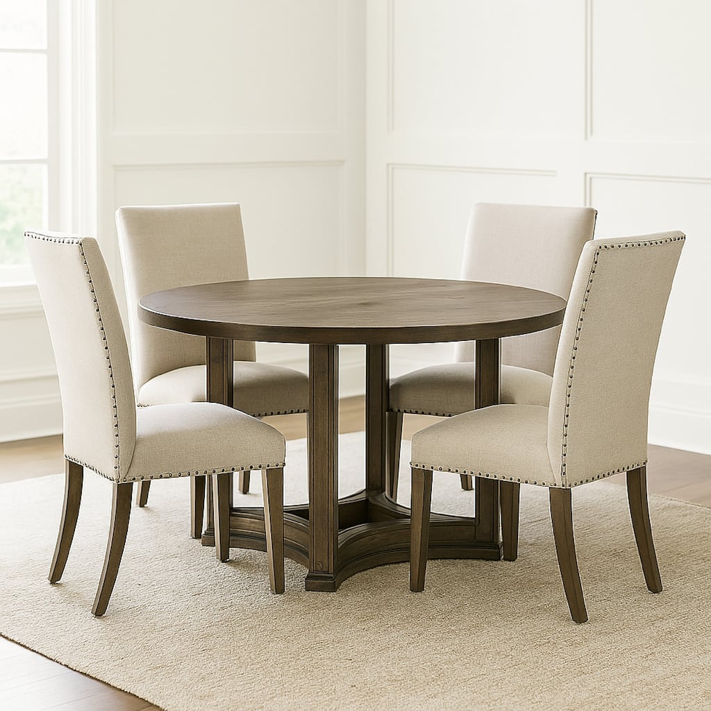 Stacy 47 Inch Dining Table, Round Tabletop, Rubberwood, Weathered Oak