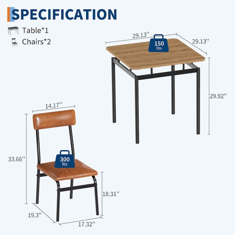 3 Piece Dining Table Set, with 2 PU Upholstered Chair