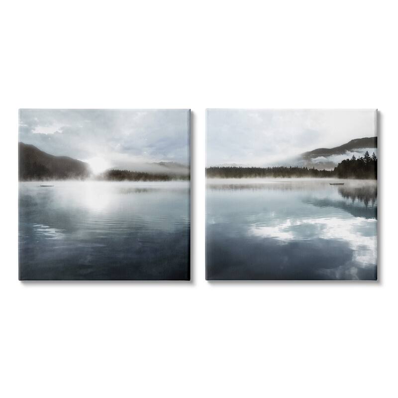 Stupell Misty Morning Lake Water Landscape Tree Forest Mountains 2pc Multi Piece Canvas Wall Art Set - White