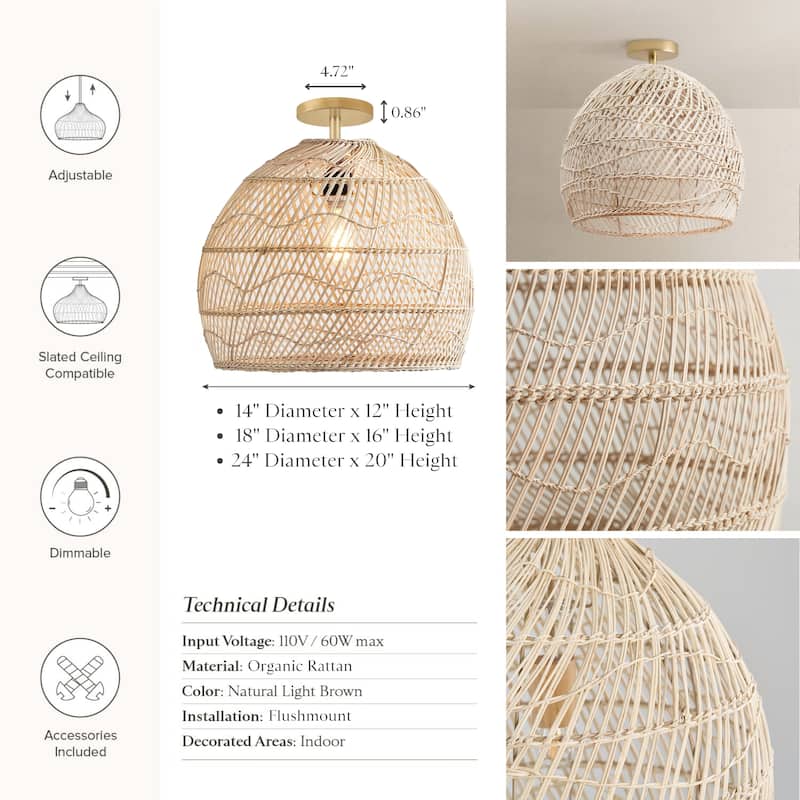 Santana Rattan Flush Mount - Rattan Brown 1-Light Handwoven Ceiling Light for Bedroom or Hallway in Modern, Mid-Century Style