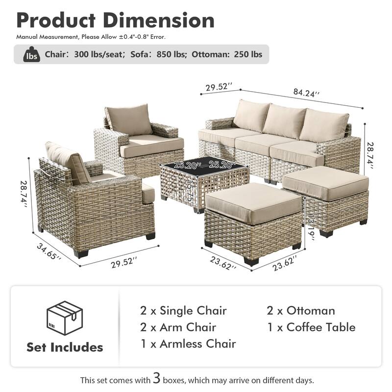 OVIOS 8 Pieces T shaped Seat Wide Armrest Set With Solar-Powered Coffee Table