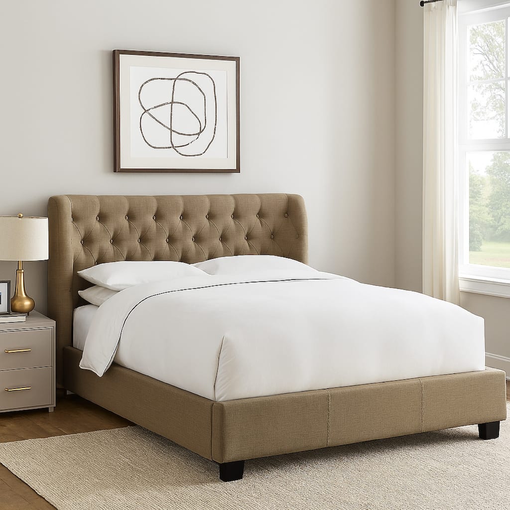 Pax California King Size Bed, Beige Linen, Curved Button Tufted Headboard