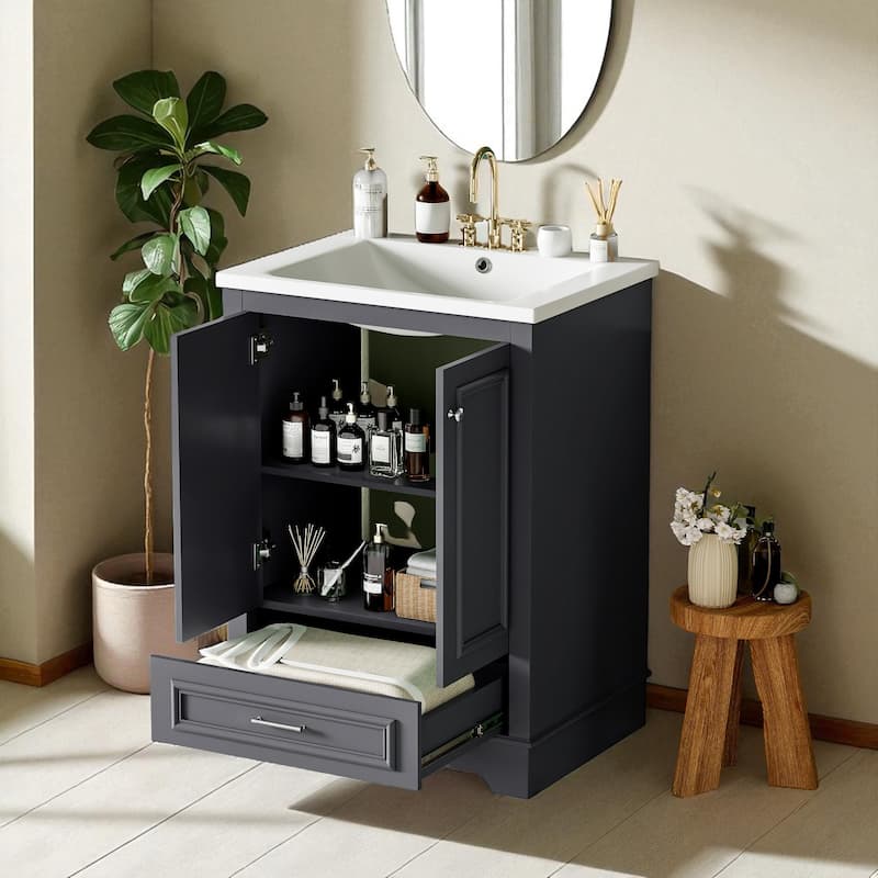 24'' Bathroom Vanity with Ceramic Sink, Freestanding Storage Cabinet with Soft Closing Doors and Drawer, Blue Gray Vanity