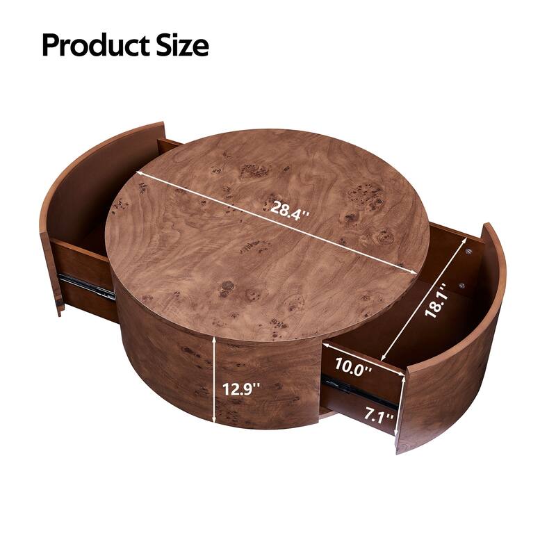 28.4" Burl Wood Rotating Coffee Table with 2 Drawers - 360° Swivel Top in Walnut Finish
