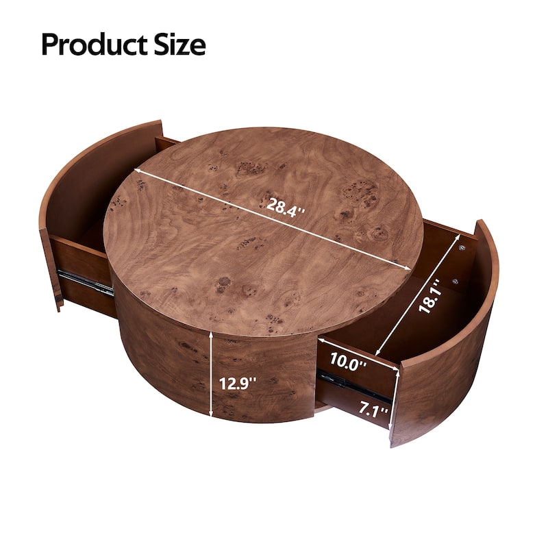 Burl Wood Rotating Coffee Table with 2 Drawers, 28.4 Inch Round Walnut Table with 360 Degree Swivel Top