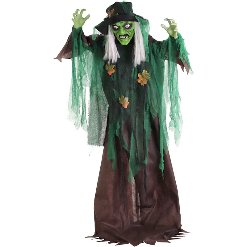 Haunted Hill Farm Animatronic Talking Forest Witch with Movement and Lights for Scary Halloween Decoration
