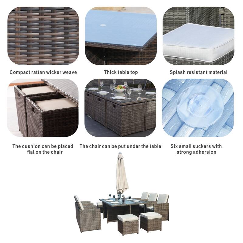 11-Piece Aluminum Wicker Outdoor Dining Set with Cushions and Tempered Glass Tabletop