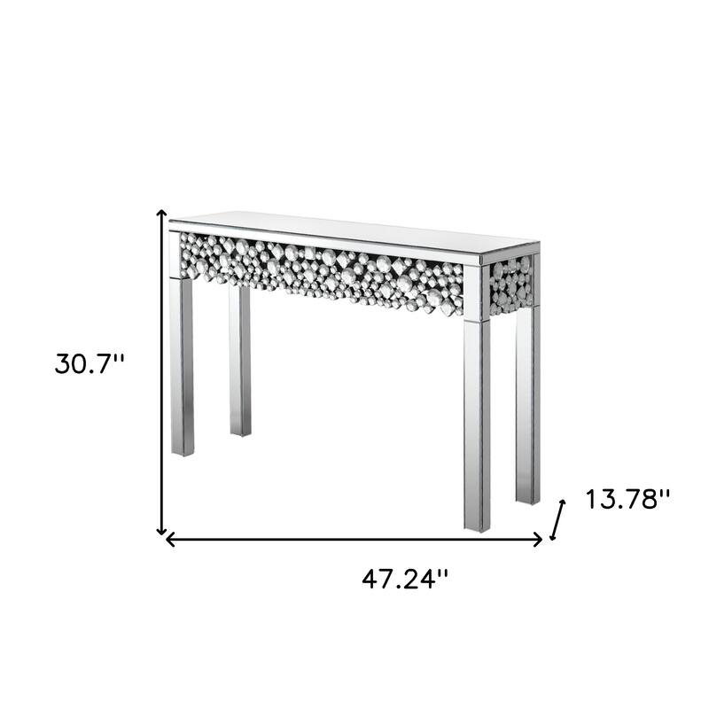 HomeRoots 47" Silver Mirrored Glass Faux Crystal Bling Console Table - 47.24 in. x 30.70 in. x 13.78 in.