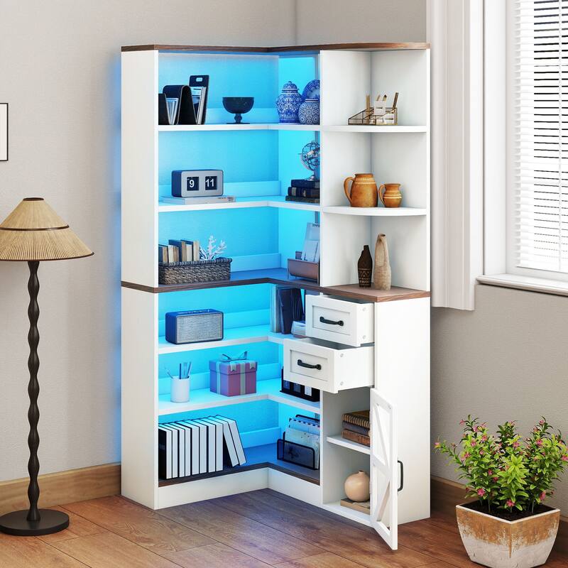 Moasis Modern LED Corner Bookshelf Fluted Bookcase with Drawers for Living Room