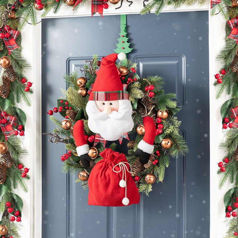 Glitzhome 24"D Christmas Pinecone Berry Wreath with Fabric Santa or Snowman Ornaments - Bell Bow Wreath with Santa