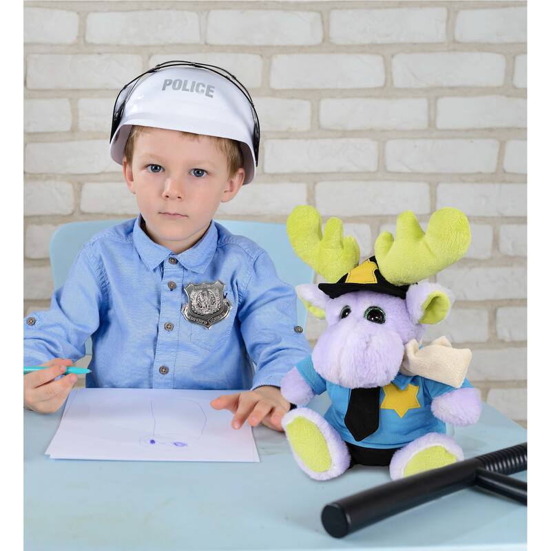 DolliBu Sitting Purple Moose Police Officer Plush Toy with Cop Uniform - 12 inches