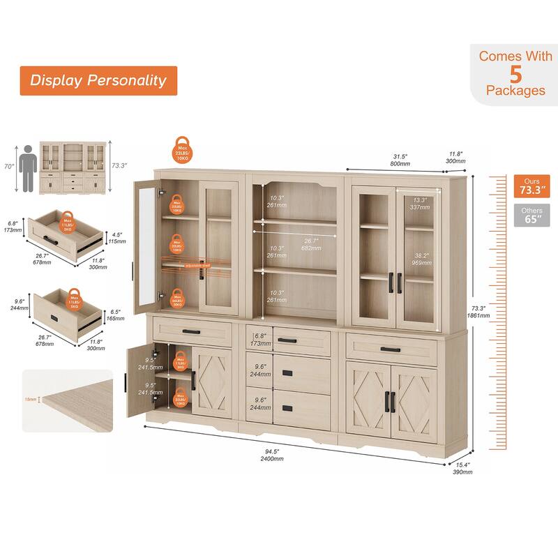3-Column 73.3" Tall Bookshelf Set with Open Storage and Glass Doors
