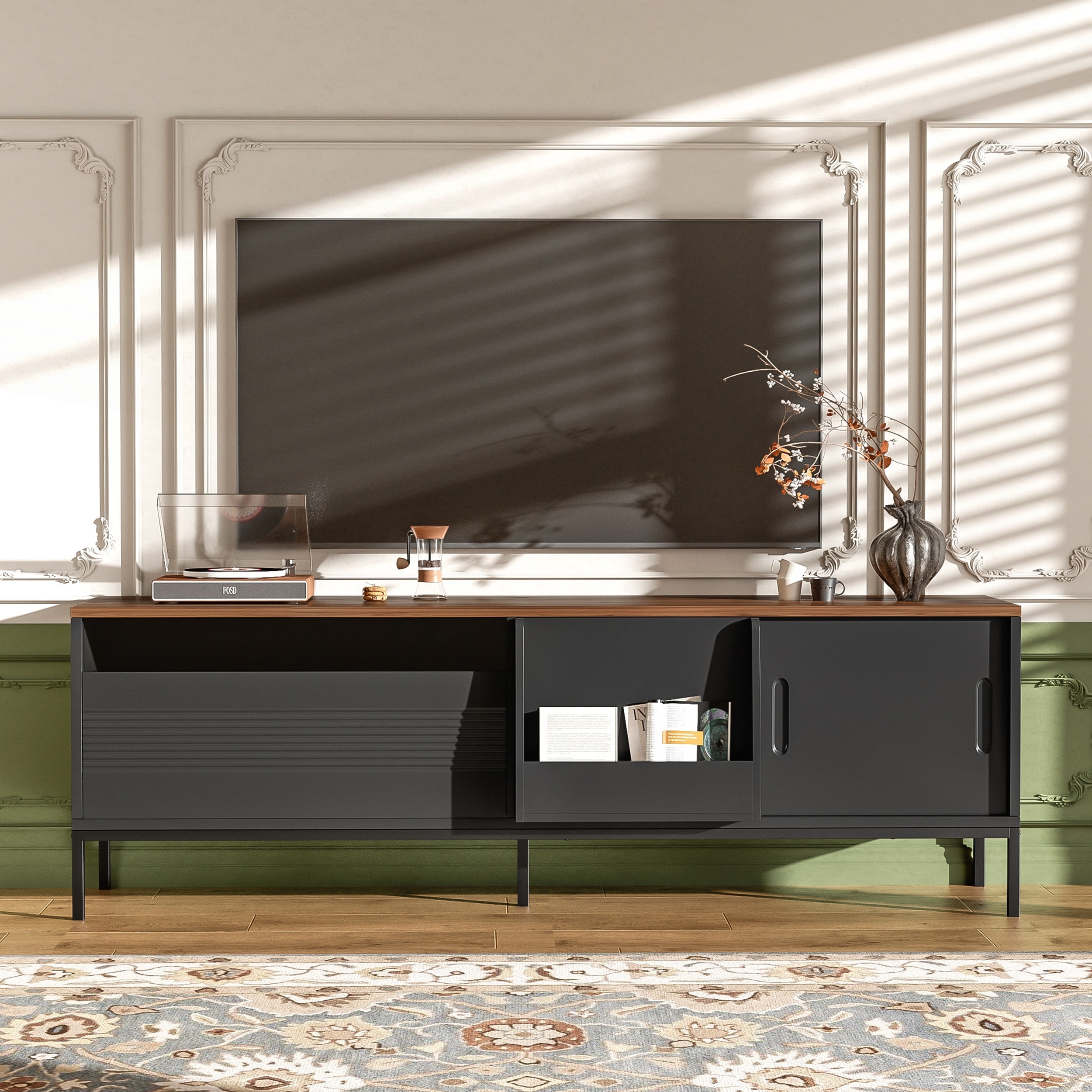 Modern TV Stand with Spacious Storage, Sliding Doors, Adjustable Shelves, and Sturdy Metal Frame for TVs up to 75 Inches