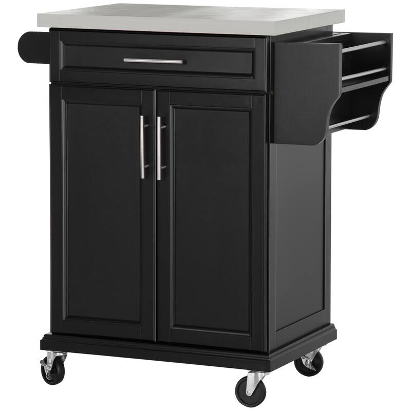 Kitchen Island on Wheels, Rolling Kitchen cart with Stainless Steel Countertop, Drawer, Towel Rack and Spice Rack