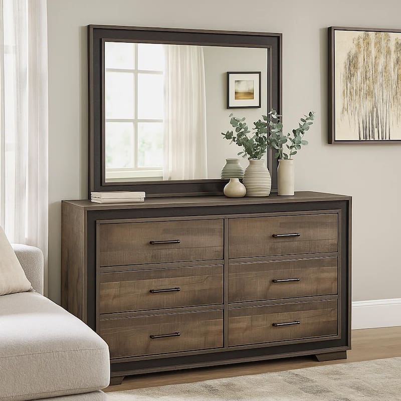 Wooden Dresser with Sled Base and Metal Bar Pulls, Brown