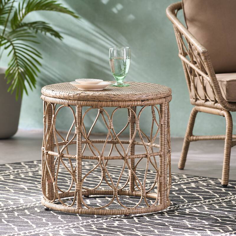 Roomfitters Bruce Outdoor Wicker Side Table with Looped Design, Boho Patio Accent Table