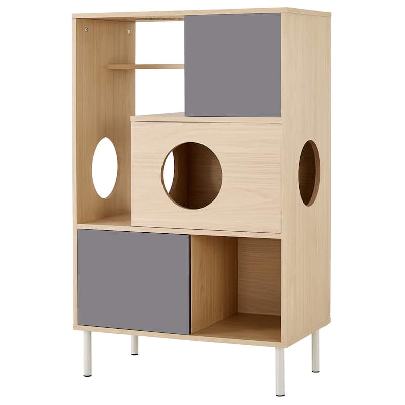 2-in-1 Modern Cat Tree & Bookshelf with Storage, Wooden Bookcase Featuring Litter Box Enclosure and Cat Climbing Shelves