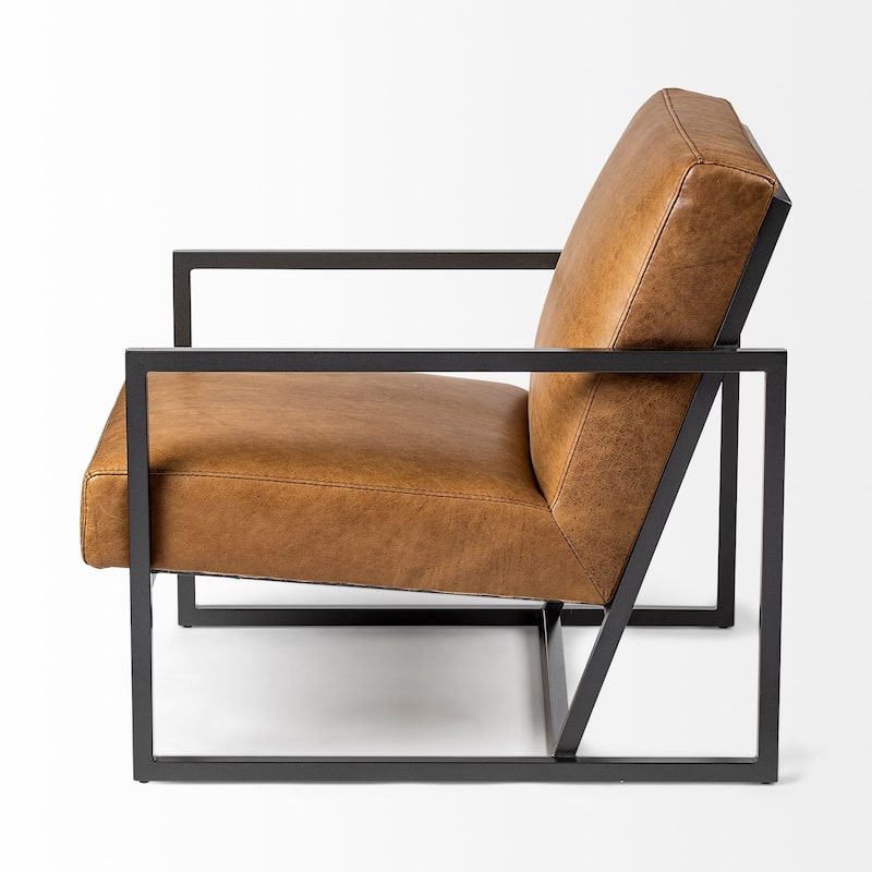 Armelle II Brown Leather Seat w/ Gray Metal Frame Accent Chair - - 28.25" W x 32.75" D x 30.0" H