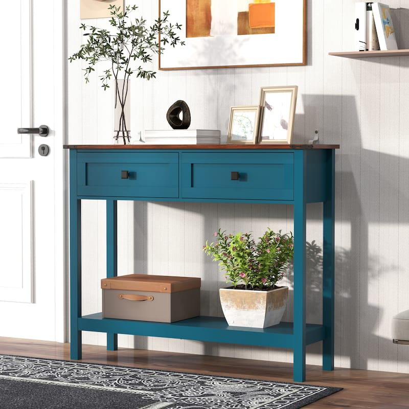 Farmhouse Entryway Console Table with Drawers and Shelf