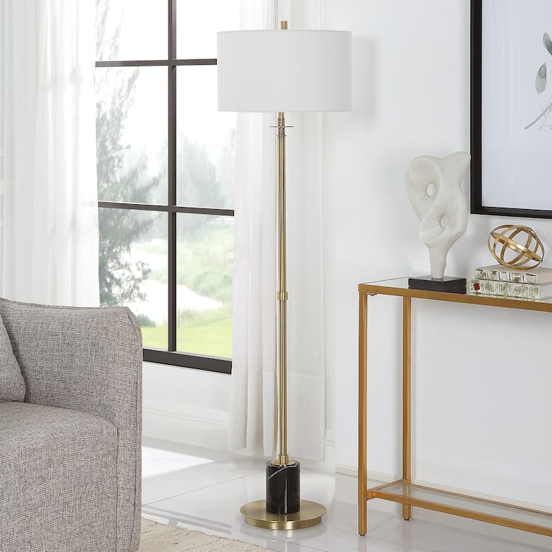 Marble Floor Lamp with Round Drum Shade - 65" - Antique Brass Finish