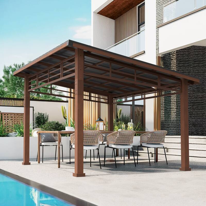 12x14 ft Outdoor Pavilion Wooden Gazebo with Hardtop Metal Roof Shelter for Patio, Backyard, Garden - Brown